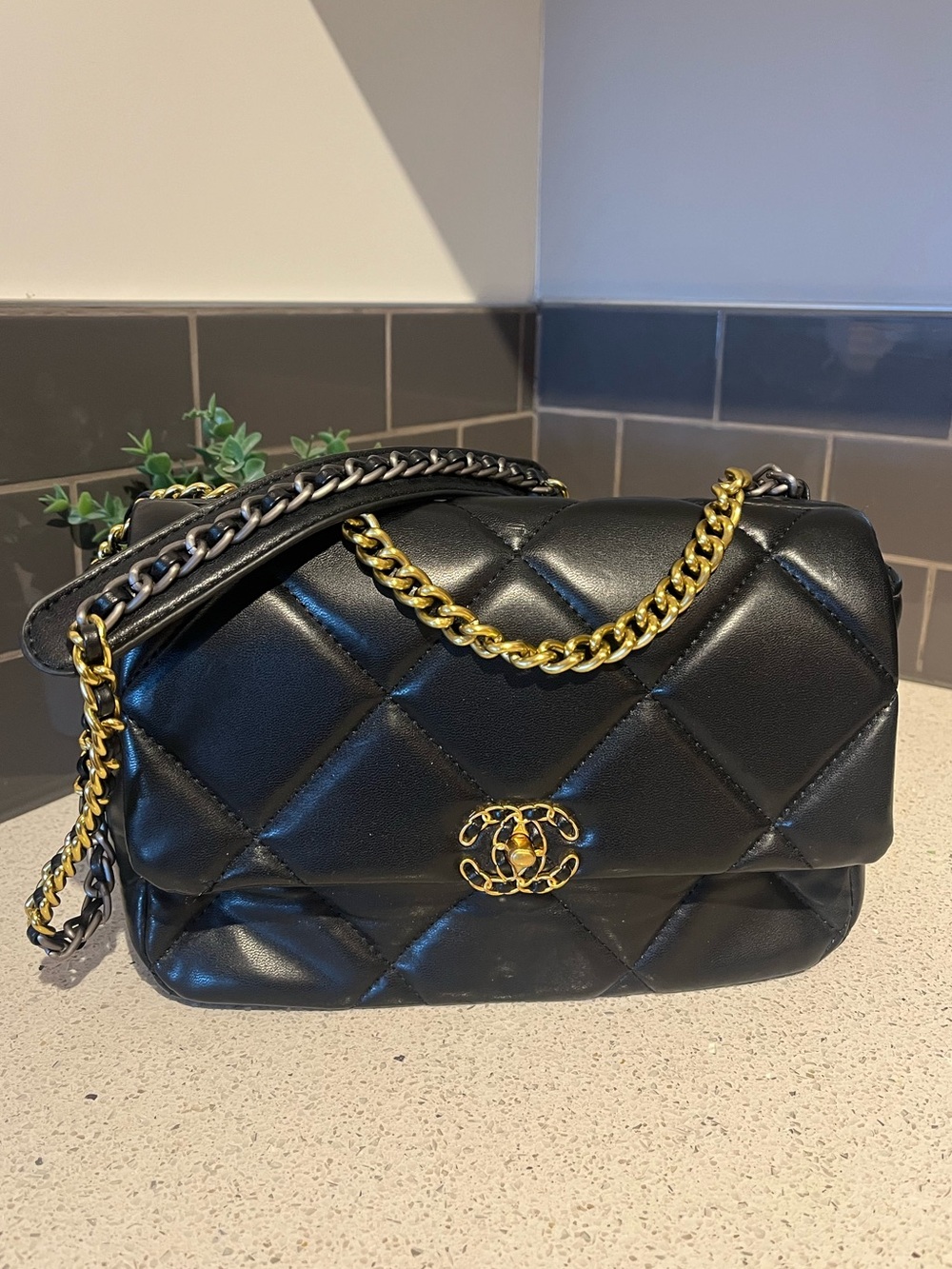 Chanel 19 Small Black Quilted Shoulder Bag with Gold Chain